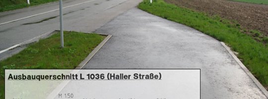 Früherer Zustand: Schmaler Gehweg an der hoch belasteten L 1036 Früherer Zustand: Schmaler Gehweg an der hoch belasteten L 1036