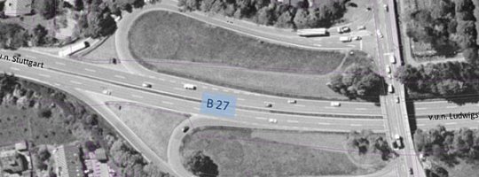 Knotenpunkt der Landesstraße L 1144, der Kreisstraße K 1691 und Bundesstraße B 27 im Norden von Kornwestheim Knotenpunkt der Landesstraße L 1144, der Kreisstraße K 1691 und Bundesstraße B 27 im Norden von Kornwestheim