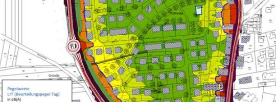 Isophonenplan: Verkehrslärm mit aktivem Lärmschutz, 6-22Uh Isophonenplan: Verkehrslärm mit aktivem Lärmschutz, 6-22Uh