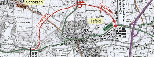 Die mit Rot gekennzechnete Ortsumfahrung von Ilsfeld beinhaltet vier Knotenpunkte, drei Überführungsbauwerke und eine Talbrück Die mit Rot gekennzechnete Ortsumfahrung von Ilsfeld beinhaltet vier Knotenpunkte, drei Überführungsbauwerke und eine Talbrück